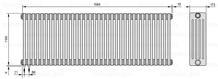 Схема (чертеж) Радиатор Zehnder Charleston 5110/34 №3370 Белый глянцевый RAL 9016